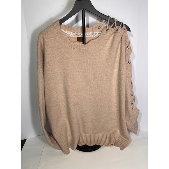 POL Lace Up Long Sleeve Sweater Tan Beige Knit Pullover Casual Soft Comfortable - Picture 2 of 6